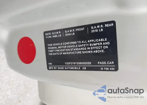 2005 Saab 9-3 Arc z USA, uszkodzony, nr VIN YS3FD79Y256005326